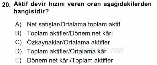 Muhasebe Denetimi ve Mali Analiz 2015 - 2016 Tek Ders Sınavı 20.Soru