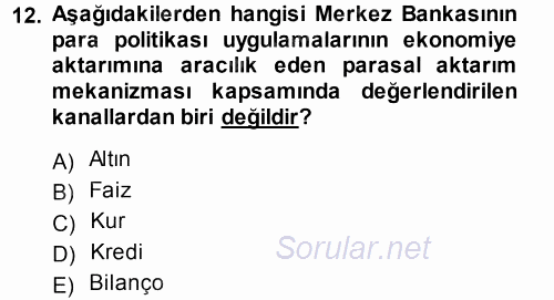 Para ve Banka 2014 - 2015 Tek Ders Sınavı 12.Soru