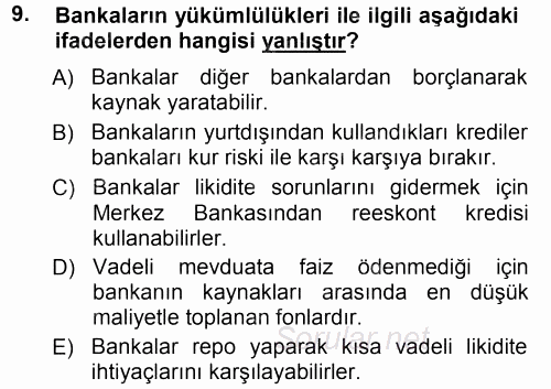 Para ve Banka 2014 - 2015 Tek Ders Sınavı 9.Soru