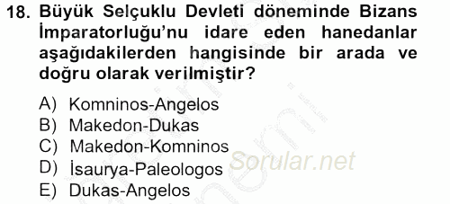 Bizans Tarihi 2014 - 2015 Ara Sınavı 18.Soru