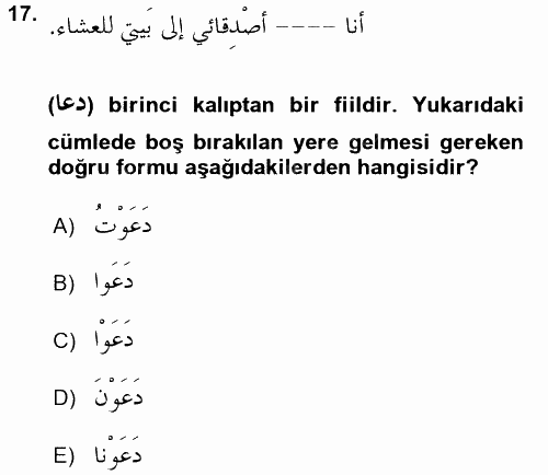Arapça 2 2017 - 2018 Ara Sınavı 17.Soru