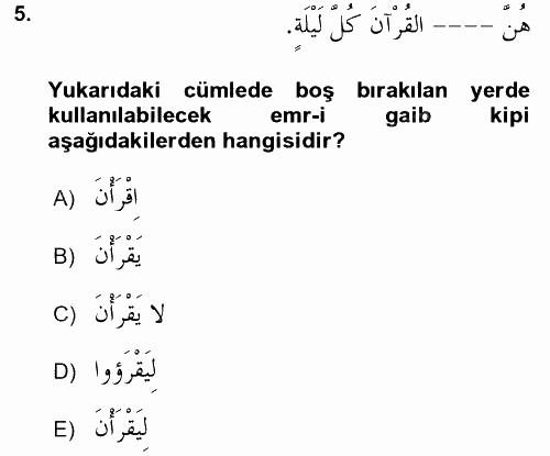 Arapça 2 2017 - 2018 Ara Sınavı 5.Soru