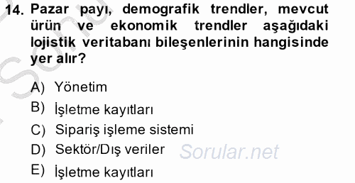 Lojistik Yönetimi 2014 - 2015 Dönem Sonu Sınavı 14.Soru