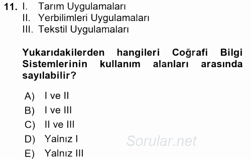 Coğrafi Bilgi Sistemlerine Giriş 2017 - 2018 Dönem Sonu Sınavı 11.Soru