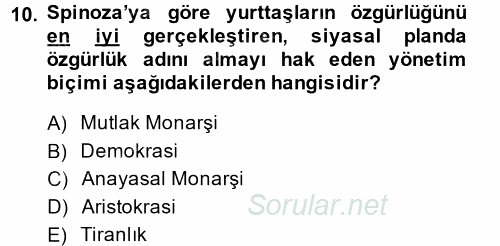 Siyasi Düşünceler Tarihi 2014 - 2015 Dönem Sonu Sınavı 10.Soru