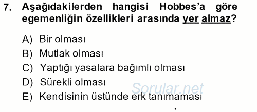 Siyasi Düşünceler Tarihi 2014 - 2015 Dönem Sonu Sınavı 7.Soru