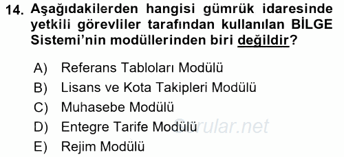 Dış Ticarette Bilgisayar Uygulamaları 2016 - 2017 Dönem Sonu Sınavı 14.Soru
