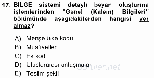 Dış Ticarette Bilgisayar Uygulamaları 2016 - 2017 Dönem Sonu Sınavı 17.Soru