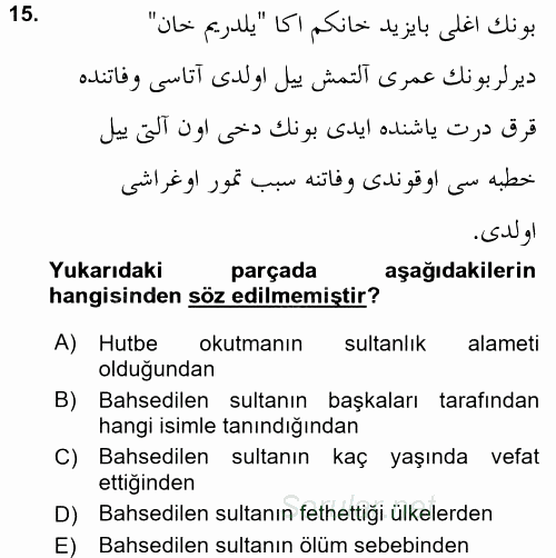 Osmanlı Türkçesi 2 2015 - 2016 Dönem Sonu Sınavı 15.Soru