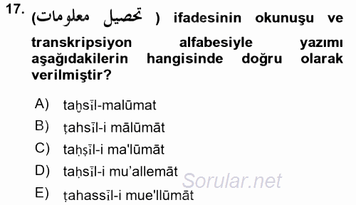 Osmanlı Türkçesi 2 2015 - 2016 Dönem Sonu Sınavı 17.Soru