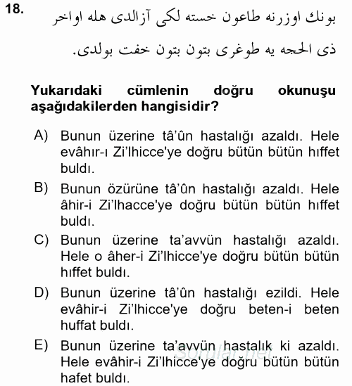 Osmanlı Türkçesi 2 2015 - 2016 Dönem Sonu Sınavı 18.Soru