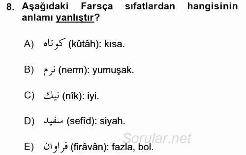 Osmanlı Türkçesi 2 2015 - 2016 Dönem Sonu Sınavı 8.Soru