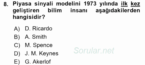 Sanayi Ekonomisi 2017 - 2018 Dönem Sonu Sınavı 8.Soru