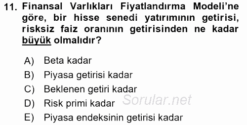 Portföy Yönetimi 2015 - 2016 Tek Ders Sınavı 11.Soru