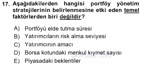 Portföy Yönetimi 2015 - 2016 Tek Ders Sınavı 17.Soru