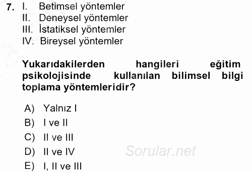 Eğitim Psikolojisi 2016 - 2017 Ara Sınavı 7.Soru