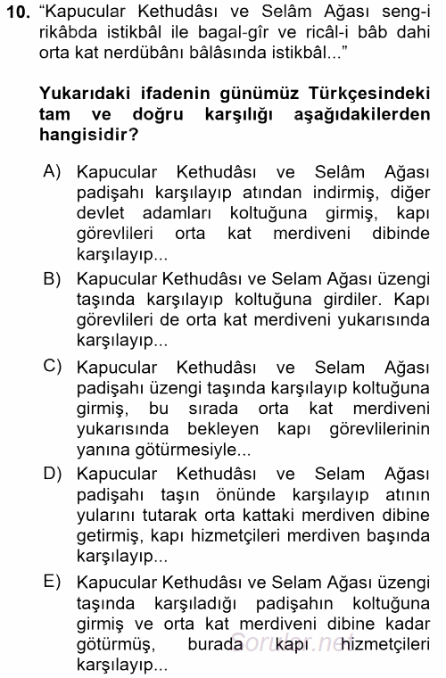 Osmanlı Türkçesi Metinleri 2 2017 - 2018 Ara Sınavı 10.Soru