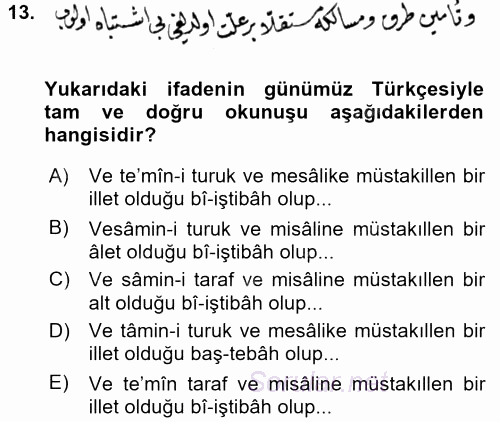 Osmanlı Türkçesi Metinleri 2 2017 - 2018 Ara Sınavı 13.Soru