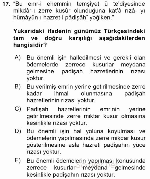 Osmanlı Türkçesi Metinleri 2 2017 - 2018 Ara Sınavı 17.Soru