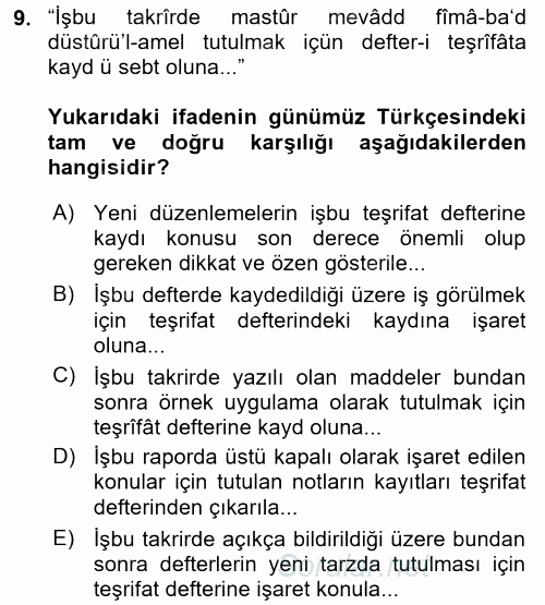 Osmanlı Türkçesi Metinleri 2 2017 - 2018 Ara Sınavı 9.Soru