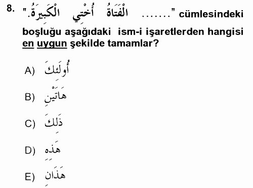 Arapça 2 2016 - 2017 3 Ders Sınavı 8.Soru