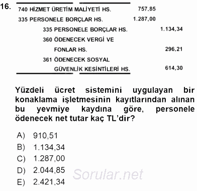 Konaklama İşletmelerinde Muhasebe Uygulamaları 2015 - 2016 Ara Sınavı 16.Soru