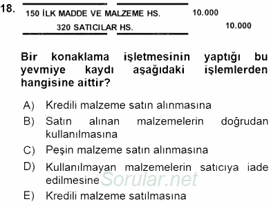 Konaklama İşletmelerinde Muhasebe Uygulamaları 2015 - 2016 Ara Sınavı 18.Soru