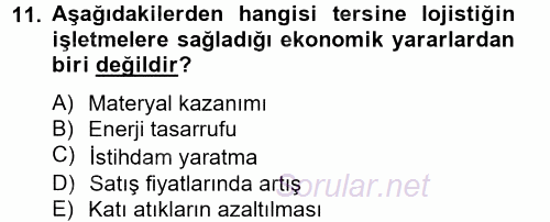 Lojistik Maliyetleri ve Raporlama 2 2014 - 2015 Ara Sınavı 11.Soru
