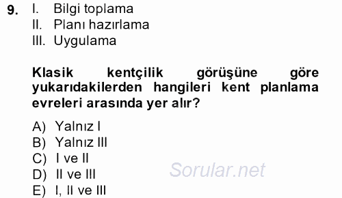 Kentleşme ve Konut Politikaları 2014 - 2015 Ara Sınavı 9.Soru