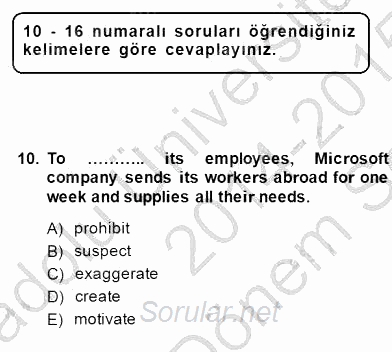 Okuma Ve Yazma Becerileri 1 2014 - 2015 Dönem Sonu Sınavı 10.Soru