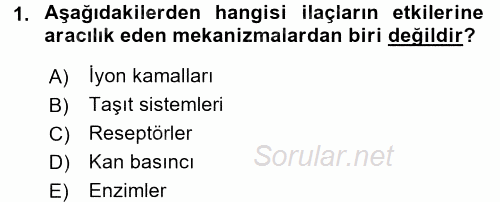 Temel Veteriner Farmakoloji ve Toksikoloji 2016 - 2017 3 Ders Sınavı 1.Soru