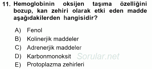 Temel Veteriner Farmakoloji ve Toksikoloji 2016 - 2017 3 Ders Sınavı 11.Soru