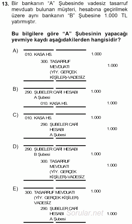 Banka Ve Sigorta Muhasebesi 2017 - 2018 Ara Sınavı 13.Soru
