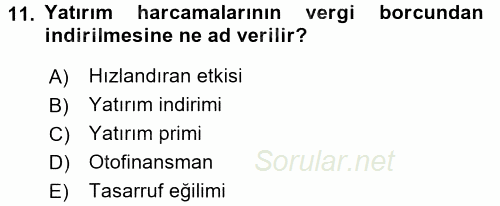 Maliye Politikası 2015 - 2016 Tek Ders Sınavı 11.Soru