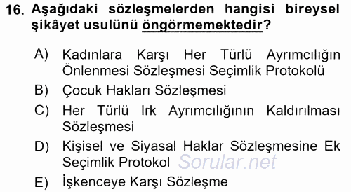 İnsan Hakları Ve Kamu Özgürlükleri 2016 - 2017 Ara Sınavı 16.Soru
