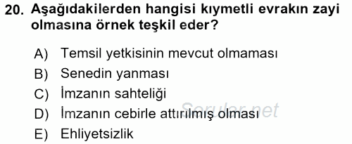 Ticaret Hukuku 2017 - 2018 3 Ders Sınavı 20.Soru