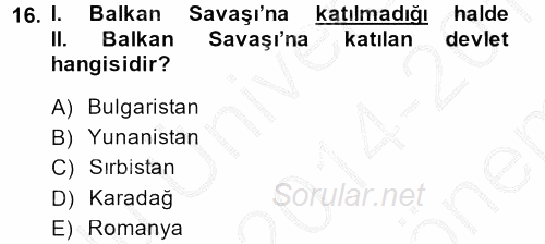 Osmanlı Tarihi (1876–1918) 2014 - 2015 Dönem Sonu Sınavı 16.Soru