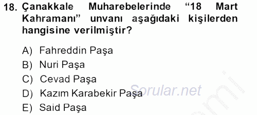 Osmanlı Tarihi (1876–1918) 2014 - 2015 Dönem Sonu Sınavı 18.Soru