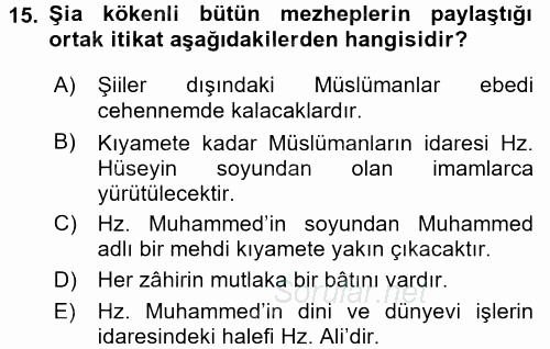 İslam Mezhepleri Tarihi 2016 - 2017 Ara Sınavı 15.Soru