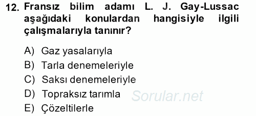 Toprak Bilgisi ve Bitki Besleme 2014 - 2015 Dönem Sonu Sınavı 12.Soru