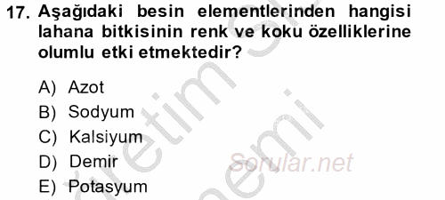 Toprak Bilgisi ve Bitki Besleme 2014 - 2015 Dönem Sonu Sınavı 17.Soru
