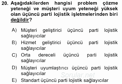 Lojistik Yönetimi 2015 - 2016 Dönem Sonu Sınavı 20.Soru