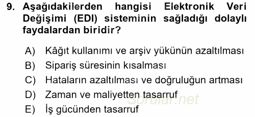 Lojistik Yönetimi 2015 - 2016 Dönem Sonu Sınavı 9.Soru