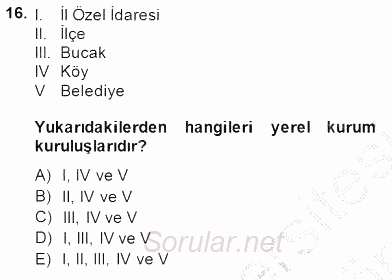 Yurttaşlık ve Çevre Bilgisi 2013 - 2014 Dönem Sonu Sınavı 16.Soru
