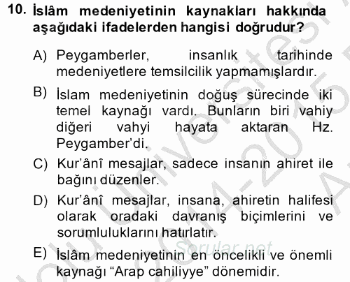 İslam Kurumları ve Medeniyeti 2014 - 2015 Ara Sınavı 10.Soru