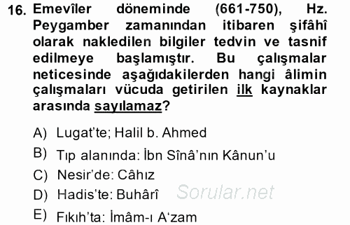İslam Kurumları ve Medeniyeti 2014 - 2015 Ara Sınavı 16.Soru