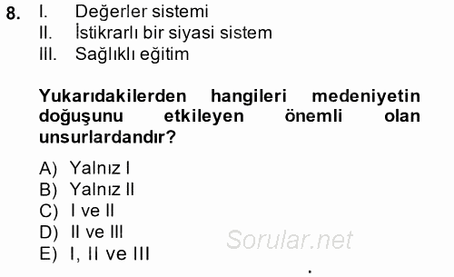 İslam Kurumları ve Medeniyeti 2014 - 2015 Ara Sınavı 8.Soru