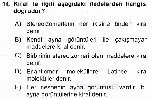 Hücre Kimyası 2015 - 2016 Dönem Sonu Sınavı 14.Soru