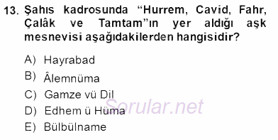 XVII. Yüzyıl Türk Edebiyatı 2014 - 2015 Dönem Sonu Sınavı 13.Soru