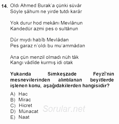 XVII. Yüzyıl Türk Edebiyatı 2014 - 2015 Dönem Sonu Sınavı 14.Soru